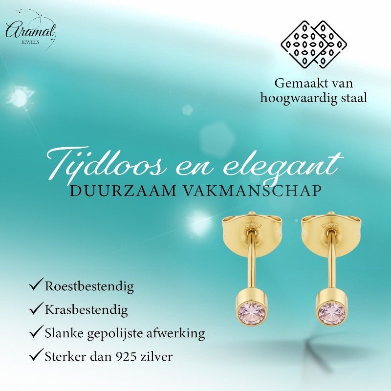 Mini zweerknopjes roze zirkonia - goudkleur - Aramat Jewels - Oorbellen - cadeautip