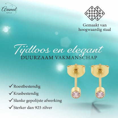 Mini zweerknopjes roze zirkonia - goudkleur - Aramat Jewels - Oorbellen - cadeautip
