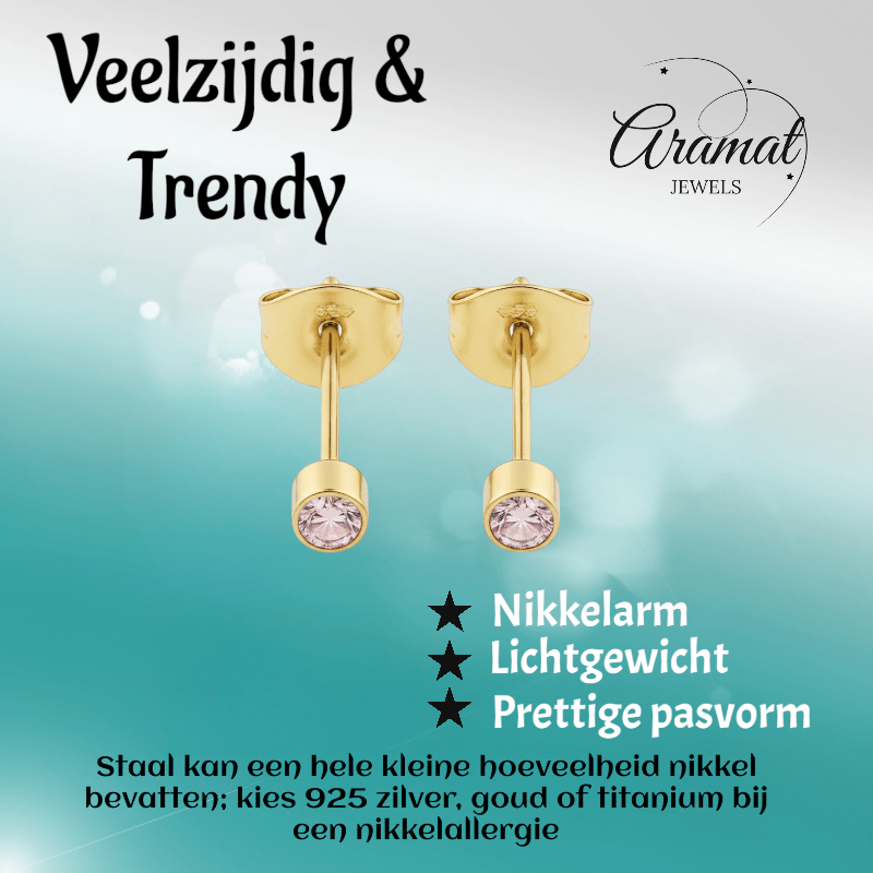 Mini zweerknopjes roze zirkonia - goudkleur - Aramat Jewels - Oorbellen - cadeautip