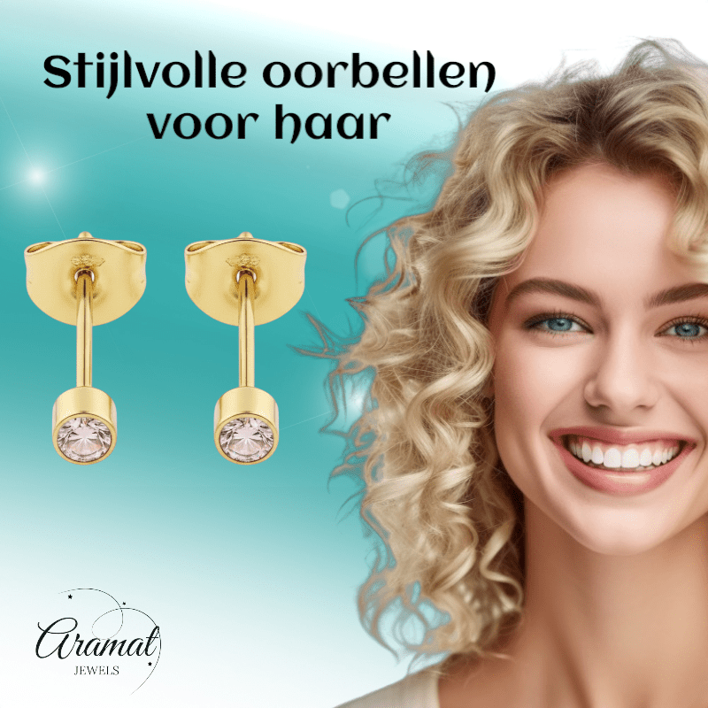 Mini zweerknopjes roze zirkonia - goudkleur - Aramat Jewels - Oorbellen - cadeautip