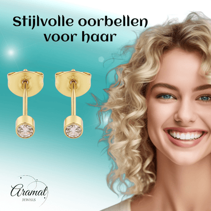 Mini zweerknopjes roze zirkonia - goudkleur - Aramat Jewels - Oorbellen - cadeautip
