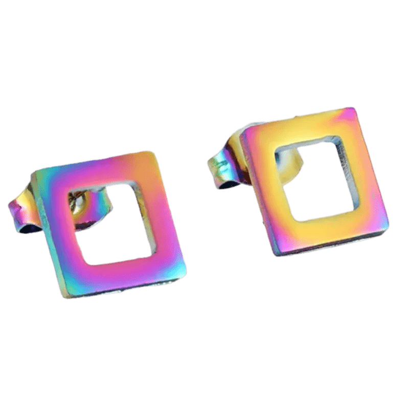 Regenboogkleurige vierkante oorbellen.