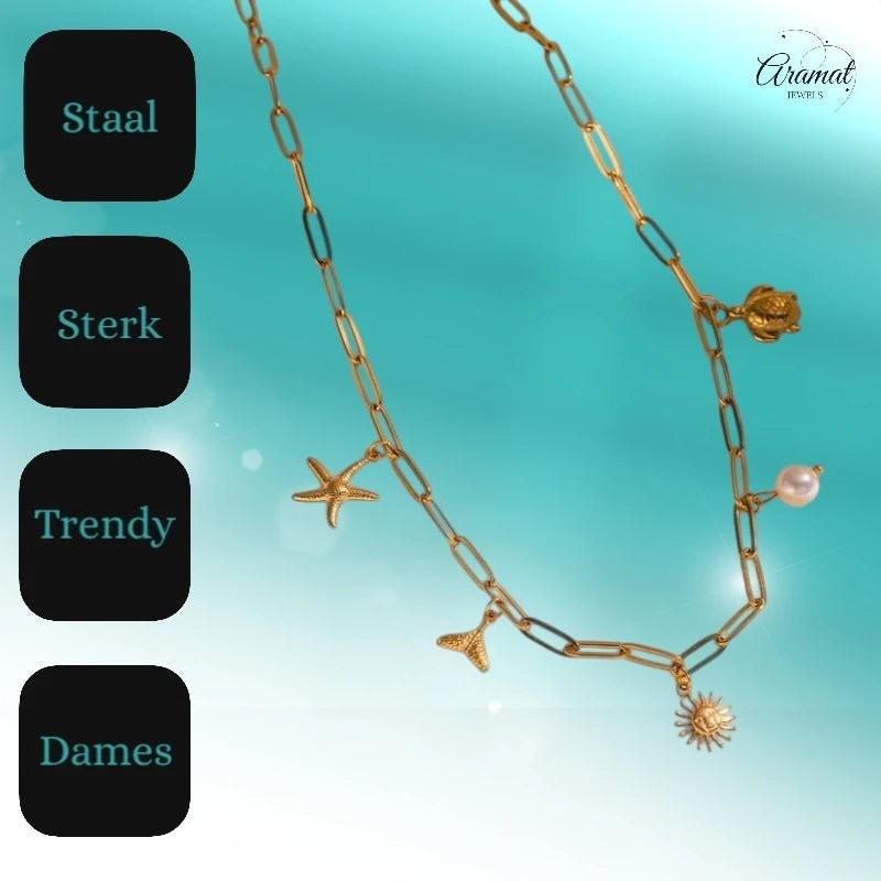 Multi Bedelketting goudkleurig – parel & zeethema - ket1160 - 599156 - Halskettingen kopen# - 40cm - alles - Bedelketting