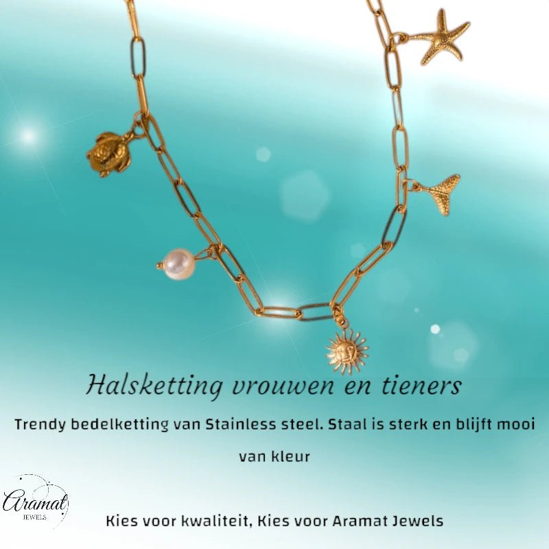 Multi Bedelketting goudkleurig – parel & zeethema - ket1160 - 599156 - Halskettingen kopen# - 40cm - alles - Bedelketting