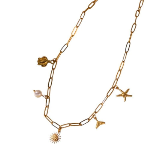 Multi Bedelketting goudkleurig – parel & zeethema - ket1160 - 599156 - Halskettingen kopen# - 40cm - alles - Bedelketting