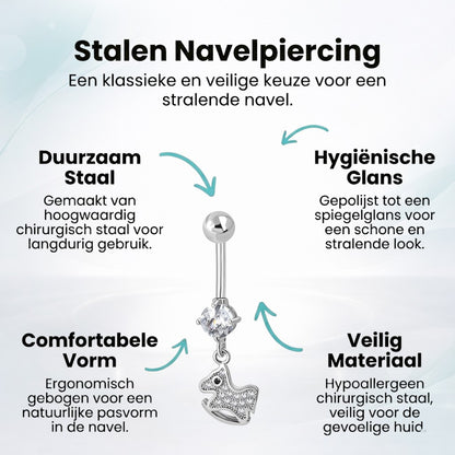 Silver-colored navel piercing with horse pendant with zirconia