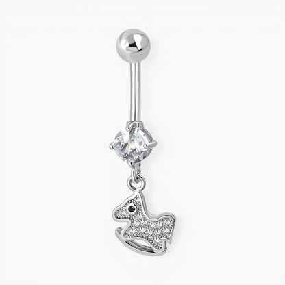 Silver-colored navel piercing with horse pendant with zirconia