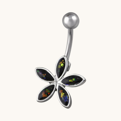 Piercing nombril fleur en opale noire couleur argent