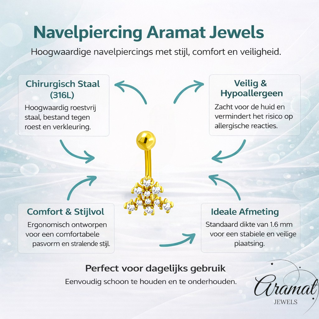 Navel piercing with transparent zirconia gold color