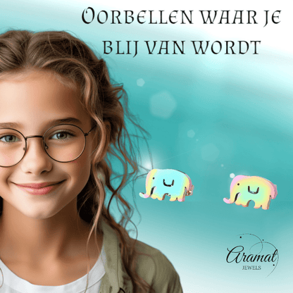 Olifant Oorbellen Regenboogkleurig RVS – 10x6mm – Meisje Dierenoorbellen - oor1043 - Oorbellen kopen# - 10mm - alles - cadeau