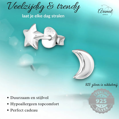 925 Sterling Zilveren Ster en Maan Oorknopjes 6x5mm