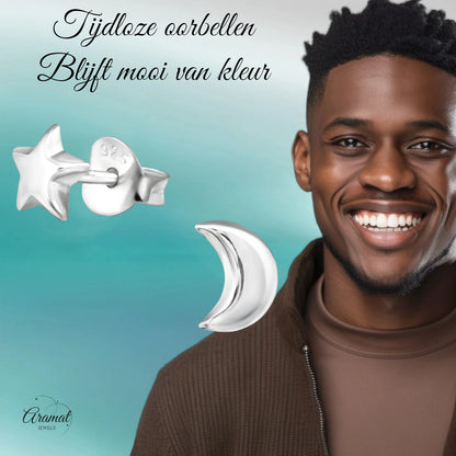 925 Sterling Zilveren Ster en Maan Oorknopjes 6x5mm