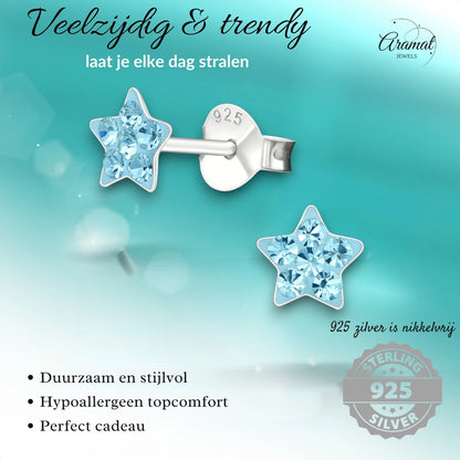 925 Sterling Zilveren Sterretjes Oorknopjes met Blauw Kristal 5mm