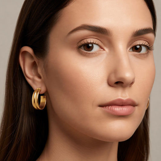 Oorbellen – 23mm Half - Hoop 2 Strepen RVS Goudkleur Dames - Aramat Jewels - Oorringen - cadeautip