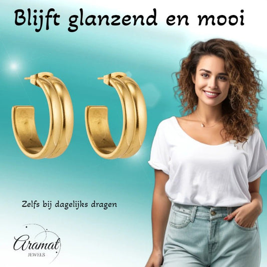 Oorbellen – 23mm Half - Hoop 2 Strepen RVS Goudkleur Dames - Aramat Jewels - Oorringen - cadeautip