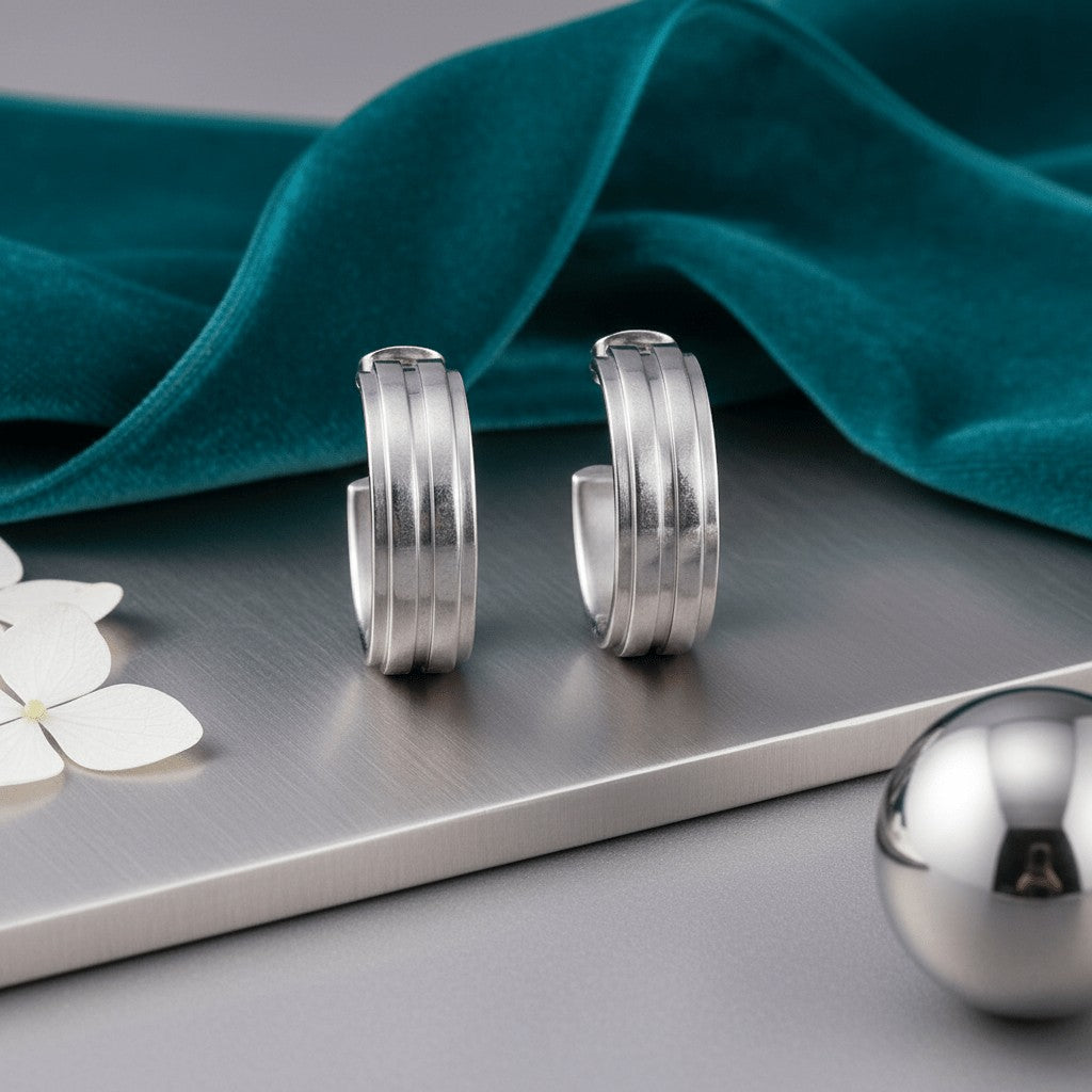 Oorbellen – 23mm Half - Hoop 2 Strepen RVS Zilverkleur Dames - Aramat Jewels - Oorringen - cadeautip