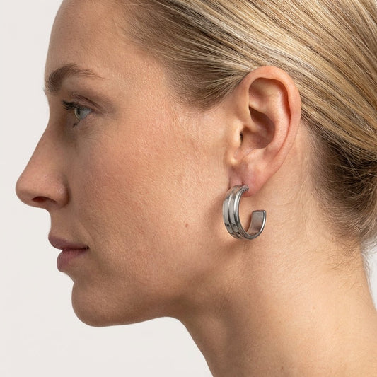 Oorbellen – 23mm Half - Hoop 2 Strepen RVS Zilverkleur Dames - Aramat Jewels - Oorringen - cadeautip