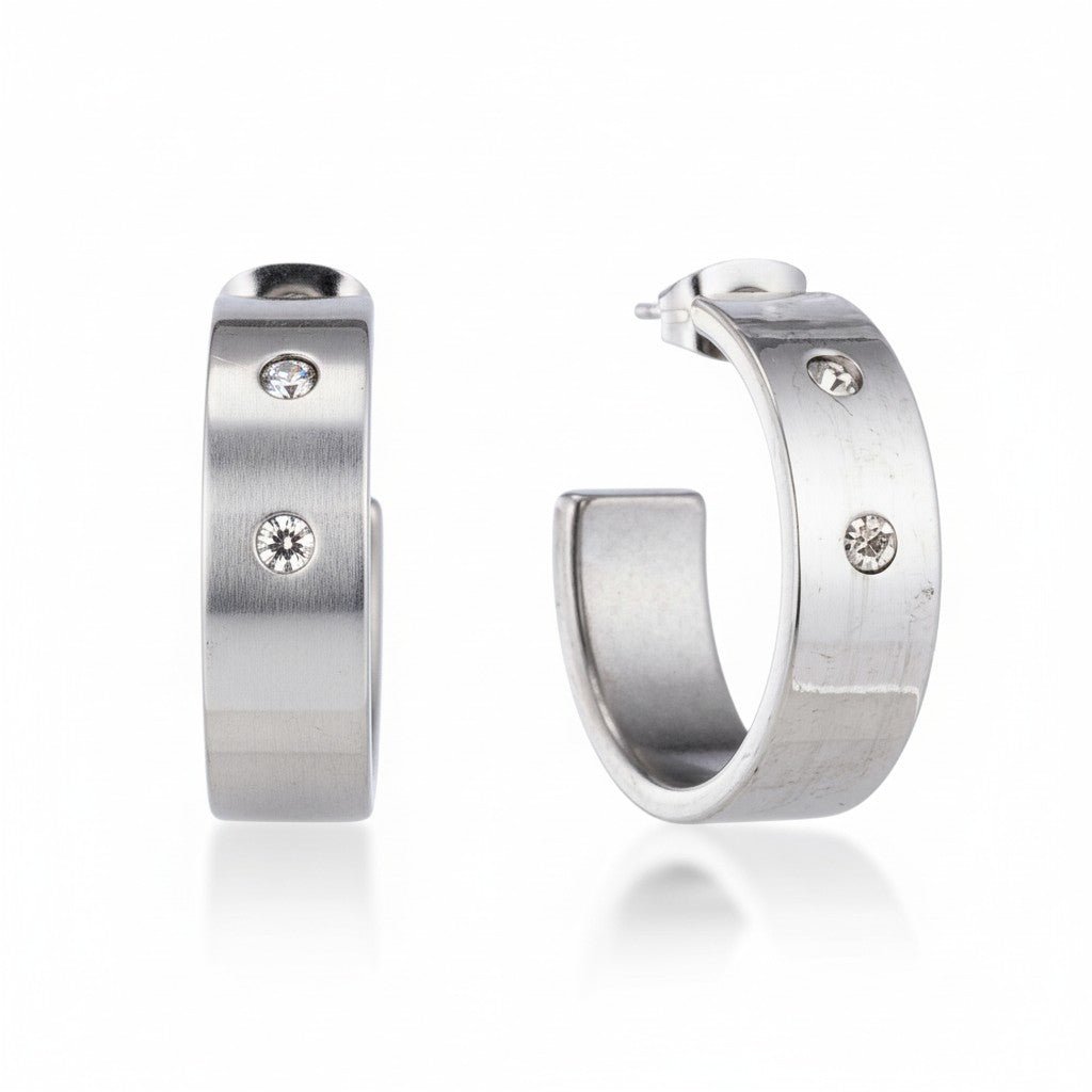 Oorbellen – 23mm Hoepel Creool 2 Zirkonia RVS Zilverkleur Unisex - Aramat Jewels - Oorringen - cadeautip