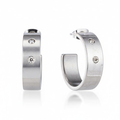 Oorbellen – 23mm Hoepel Creool 2 Zirkonia RVS Zilverkleur Unisex - Aramat Jewels - Oorringen - cadeautip