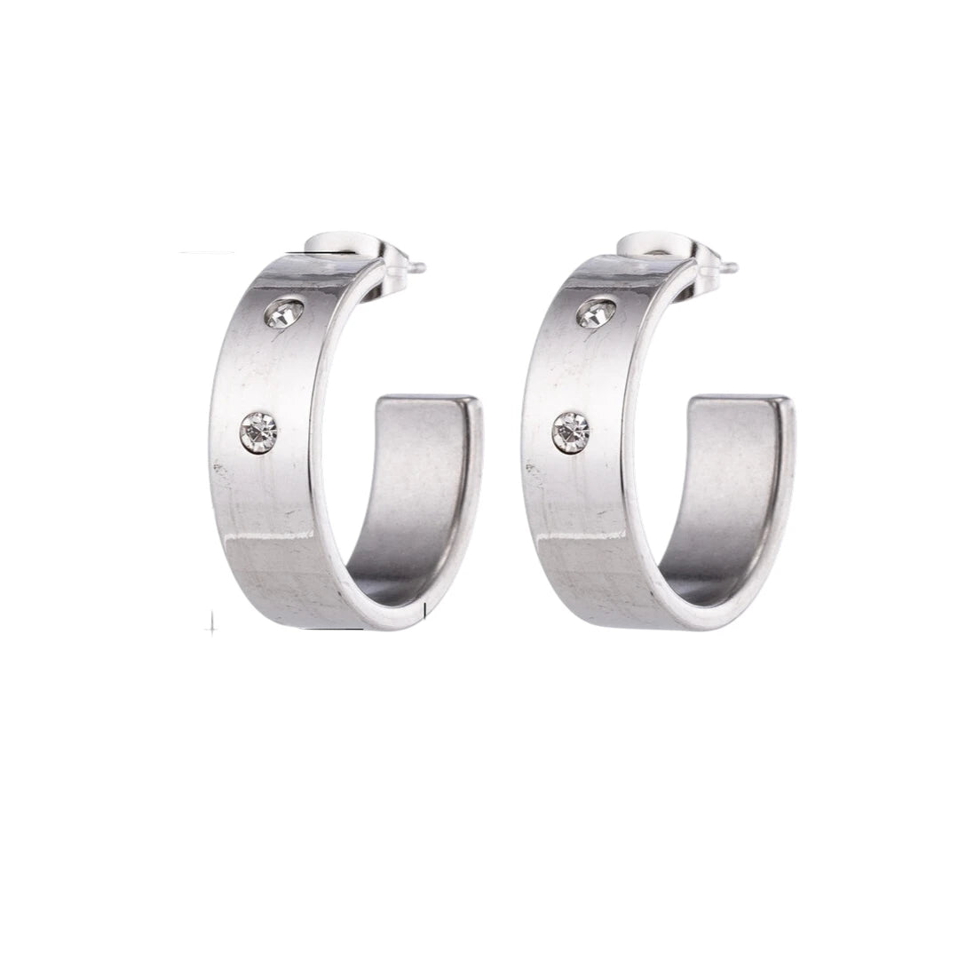 Oorbellen – 23mm Hoepel Creool 2 Zirkonia RVS Zilverkleur Unisex - Aramat Jewels - Oorringen - cadeautip