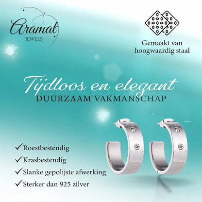 Oorbellen – 23mm Hoepel Creool 2 Zirkonia RVS Zilverkleur Unisex - Aramat Jewels - Oorringen - cadeautip