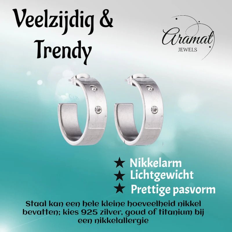 Oorbellen – 23mm Hoepel Creool 2 Zirkonia RVS Zilverkleur Unisex - Aramat Jewels - Oorringen - cadeautip