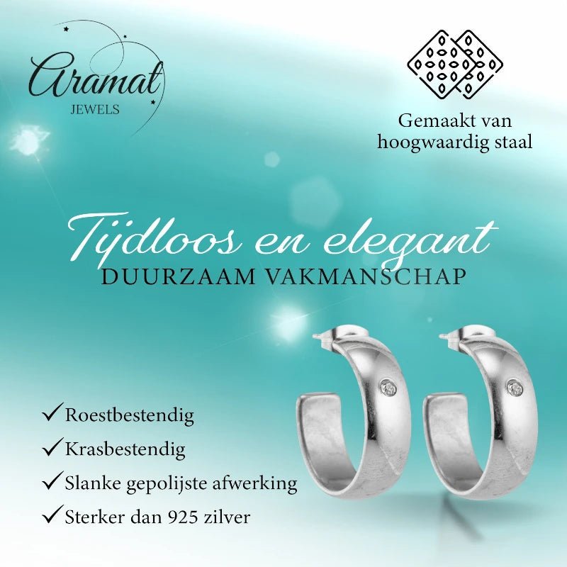 Oorbellen – 23mm Hoepel Creool Zirkonia Accent RVS Zilverkleur Unisex - Aramat Jewels - Oorringen - cadeautip