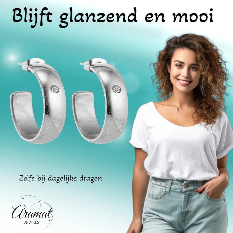 Oorbellen – 23mm Hoepel Creool Zirkonia Accent RVS Zilverkleur Unisex - Aramat Jewels - Oorringen - cadeautip