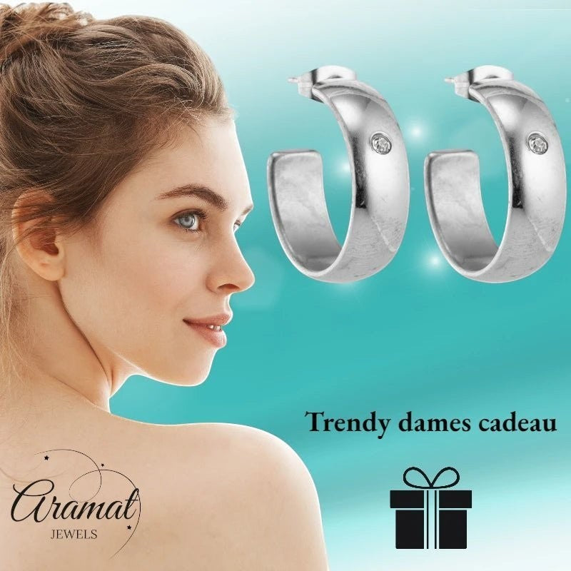 Oorbellen – 23mm Hoepel Creool Zirkonia Accent RVS Zilverkleur Unisex - Aramat Jewels - Oorringen - cadeautip