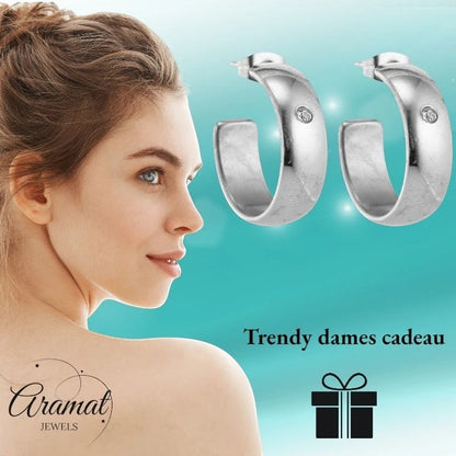 Oorbellen – 23mm Hoepel Creool Zirkonia Accent RVS Zilverkleur Unisex - Aramat Jewels - Oorringen - cadeautip