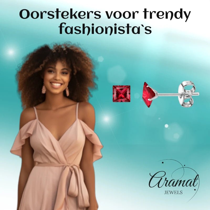 Oorbellen – 5mm Vierkante Zirkonia Rood op RVS Zilverkleur - Aramat Jewels - Oorbellen - cadeautip