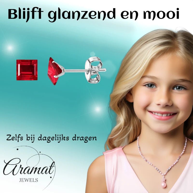 Oorbellen – 6mm Vierkante Zirkonia Rood op RVS Zilverkleur - Aramat Jewels - Oorbellen - cadeautip