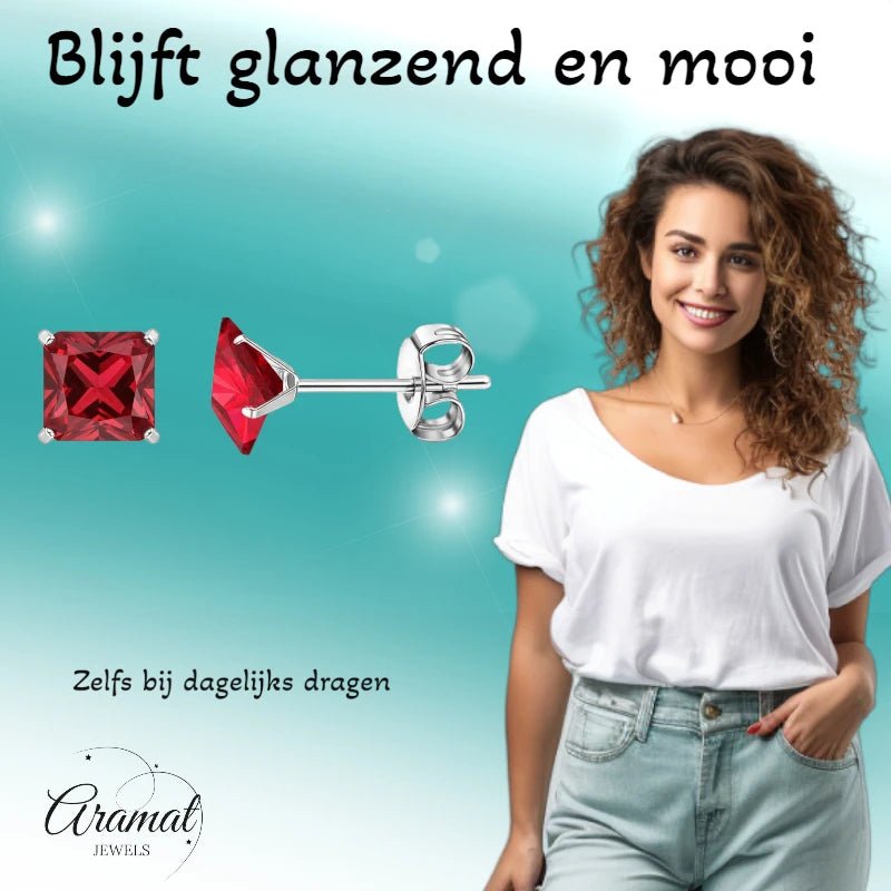 Oorbellen – 7mm Vierkante Zirkonia Rood op RVS Zilverkleur - Aramat Jewels - Oorbellen - cadeautip