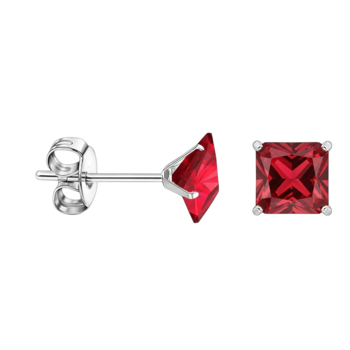 Oorbellen – 7mm Vierkante Zirkonia Rood op RVS Zilverkleur - Aramat Jewels - Oorbellen - cadeautip