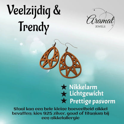 Oorbellen – Elegante Houten Oorhangers Druppelvorm Bruin Opgewerkt Motief Dames - Aramat Jewels - Oorhangers - cadeautip