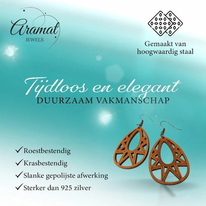 Oorbellen – Elegante Houten Oorhangers Druppelvorm Bruin Opgewerkt Motief Dames - Aramat Jewels - Oorhangers - cadeautip