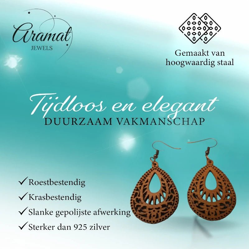 Oorbellen – Elegante Houten Oorhangers Druppelvorm Bruin Uitgewerkt Motief Dames - Aramat Jewels - Oorhangers - cadeautip