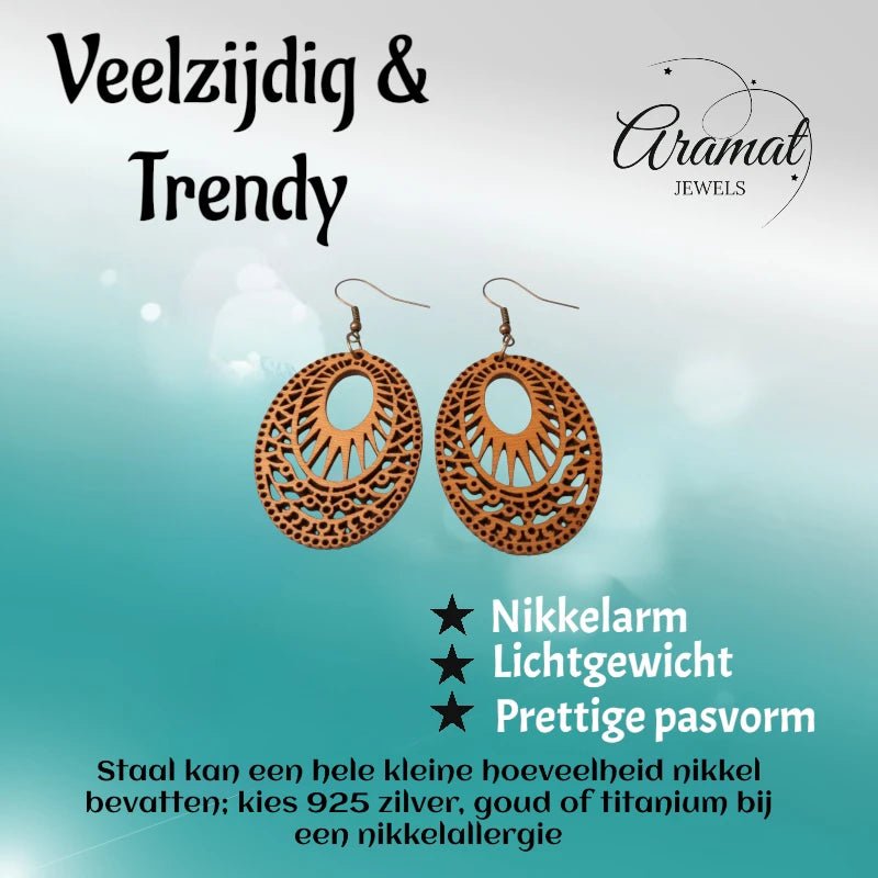 Oorbellen – Elegante Houten Oorhangers Ovaalvorm Bruin Opgewerkt Motief Dames - Aramat Jewels - Oorhangers - cadeautip