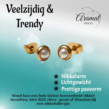 Oorbellen – Parel Wit in Goudkleurig Design (6mm) - Aramat Jewels - Oorbellen - cadeautip