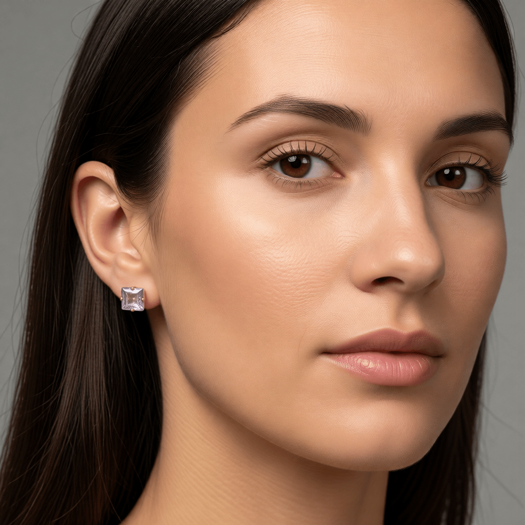 Oorbellen – RVS Goudkleur met Lila Vierkante Zirkonia (4mm) - Aramat Jewels - Oorbellen - cadeautip