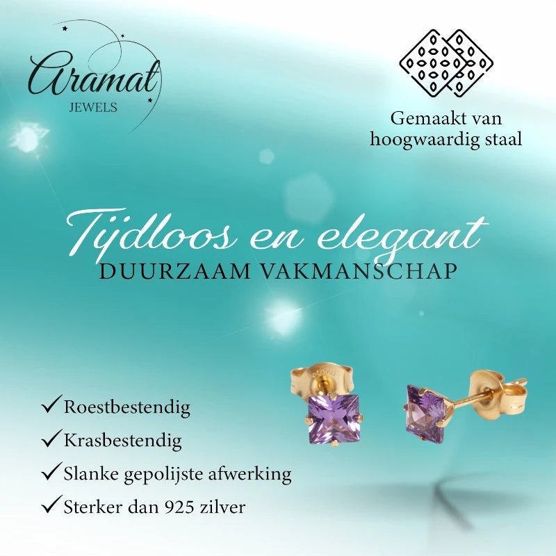 Oorbellen – RVS Goudkleur met Paarse Vierkante Zirkonia (5mm) - Aramat Jewels - Oorbellen - cadeautip