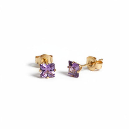 Oorbellen – RVS Goudkleur met Paarse Vierkante Zirkonia (5mm) - Aramat Jewels - Oorbellen - cadeautip