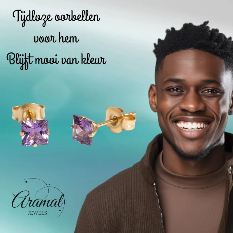 Oorbellen – RVS Goudkleur met Paarse Vierkante Zirkonia (5mm) - Aramat Jewels - Oorbellen - cadeautip