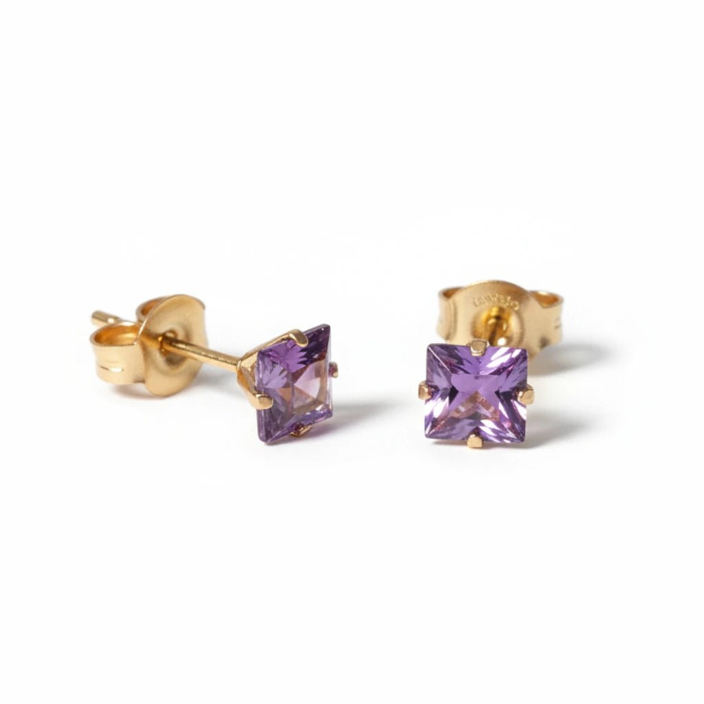 Oorbellen – RVS Goudkleur met Paarse Vierkante Zirkonia (5mm) - Aramat Jewels - Oorbellen - cadeautip