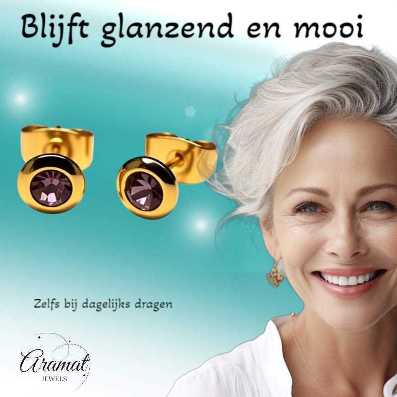 Oorbellen – RVS Goudkleurig met Licht Paars Kristal (6mm) - Aramat Jewels - Oorbellen - cadeautip