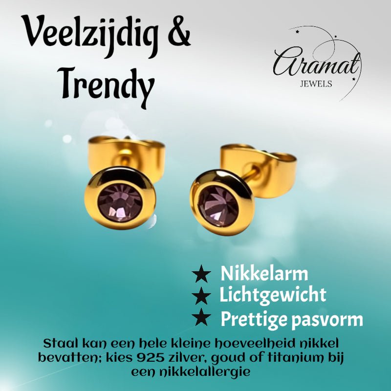 Oorbellen – RVS Goudkleurig met Licht Paars Kristal (6mm) - Aramat Jewels - Oorbellen - cadeautip