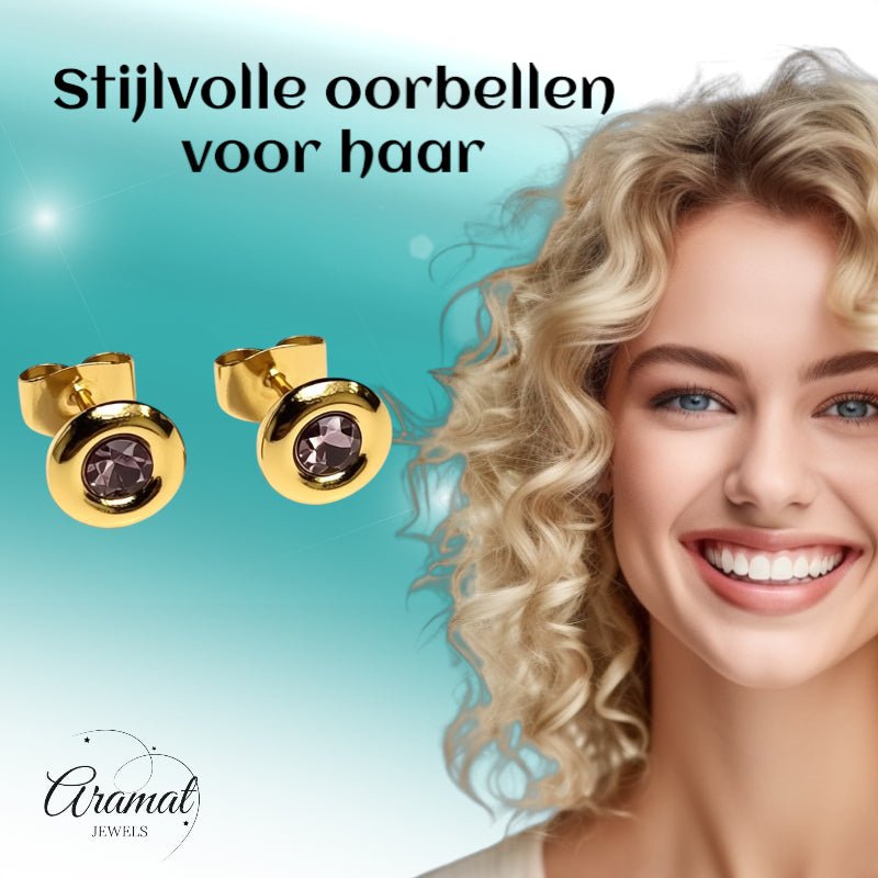 Oorbellen – RVS Goudkleurig met Roze Kristal (8mm) - Aramat Jewels - Oorbellen - cadeautip