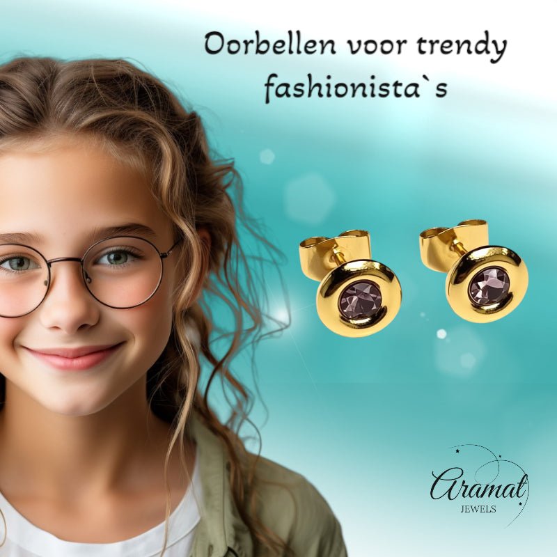Oorbellen – RVS Goudkleurig met Roze Kristal (8mm) - Aramat Jewels - Oorbellen - cadeautip