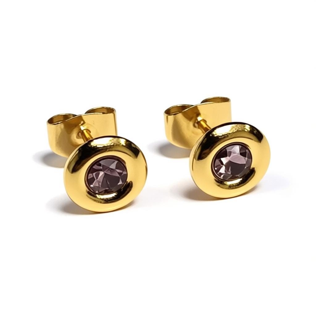 Oorbellen – RVS Goudkleurig met Roze Kristal (8mm) - Aramat Jewels - Oorbellen - cadeautip