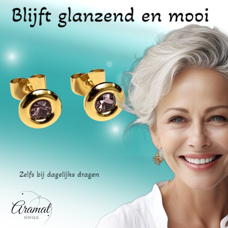 Oorbellen – RVS Goudkleurig met Roze Kristal (8mm) - Aramat Jewels - Oorbellen - cadeautip
